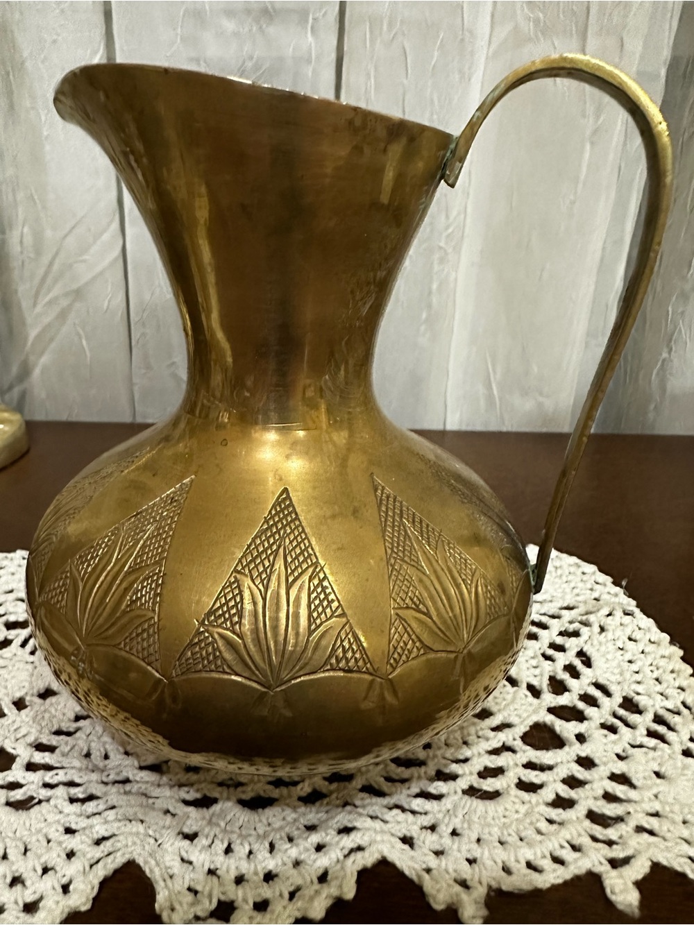 Decorative Brass Pitcher Vase with Embossed Floral Motif - Gold Finish